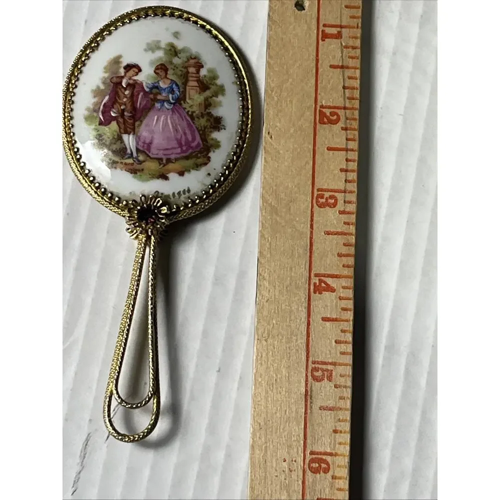 Vintage Hand Held Mirror Courting Couple Fragonard Limoges Mini Victorian & Ruby